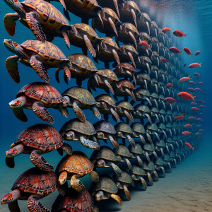 Fish swimming up a wall of turtles