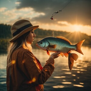 A girl holds a fish caught on a fishing lure, the bright sun on...