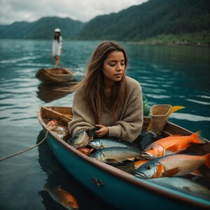 Girl with fish in the boat