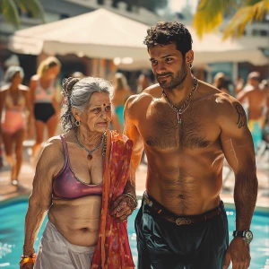 Realistic art style 1:1,a muscular sweaty pierced man  walking w...