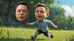 Elon Musk as children with real face and head, runs on the grass...