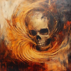 A  skull face emerging from a flame, half alive and half burning...