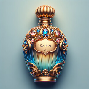 Create a 3-D realistic gold and  blue, colorful jewels perfume bottle
In the shape of a women’s body with the name Karen