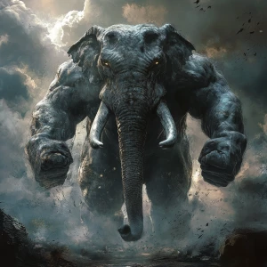 A colossal, gray elephant standing in a mystical, ancient forest...