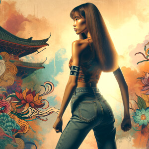 Athletic Thin skinny Attractive, Asian teenage girl, long brown hair and bangs, wearing tight skinny jeans and a halter top paint marks on her clothing, heroic pose Asian graffiti background, backside view