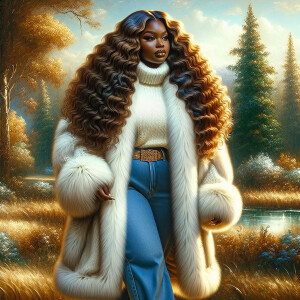 Craft a 4K glossy oil painting portraying a regal, plus-size Afr...