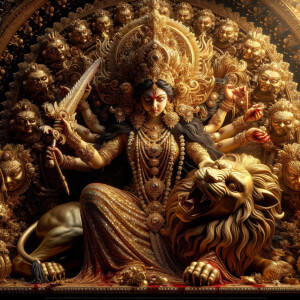 portrait of angry looking goddess durga sitting on a gold crown and carrying a weak mahishasur on her lap and stabbing him with her amazingly long fingernails. She is wearing gold armor, a huge gold crown, gold saree, abundant  gold jewelry, covered in blood. The scene is set in ancient India. The image is 8K resolution, photography, cinematic, ultra detailed face and epic