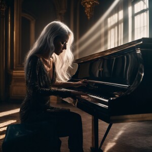 A spectral skeleton-like woman with sunken eyes and flowing silv...