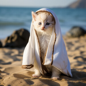 A white kitten with black eyes wearing a white Arabic Islamic ro...