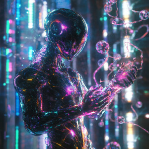 A metallic extraterrestrial being, shimmering with iridescent ra...