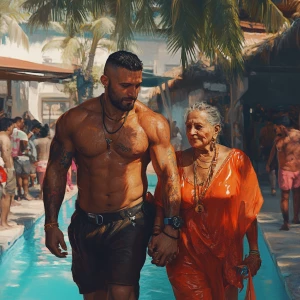 realism  style,a muscular beefy sweaty man walking  with his 54...