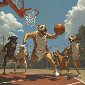 Muscular anthropomorphic dogs representing various breeds playin...
