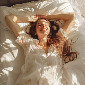A woman stretches with a relaxed smile in bed, basked in the sof...