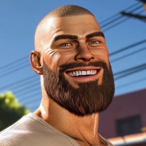 White muscular thin man with beard, big chin, smile and cheekbon...