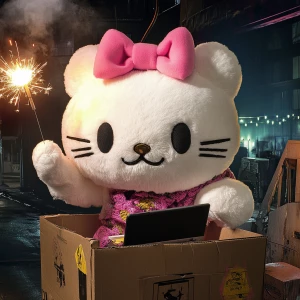 A large plush character, similar to Hello Kitty, featuring white...
