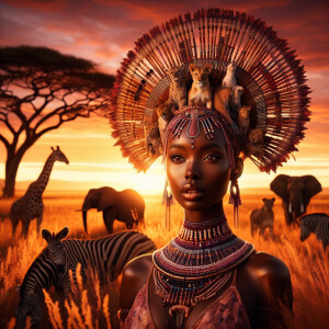 Envision a magnificent African savannah at the golden hour of su...