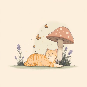 Small orange tabby cat stretching lazily under spotted mushroom,...