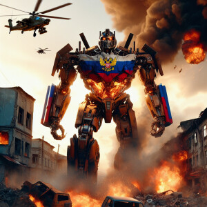 Russia as a transformer character, adorned with national value a...