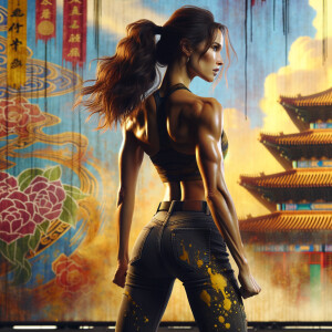 Athletic Thin skinny Attractive, Asian teenage girl, long brown hair and bangs, wearing tight skinny jeans and a halter top paint marks on her clothing, heroic pose Asian graffiti background, backside view