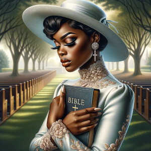 Render an airbrush oil painting of an African American woman with flawless makeup in a
contemplative pose, holding a Bible close to her heart, dressed in an elegant Sunday Best
outfit with a distinctive Church Hat. The background features a peaceful church garden,
with light filtering through the trees, highlighting her spiritual connection and the personal
moment of reflection. The artwork should capture the tranquility of the scene, the beauty
of her attire, and the depth of her contemplation, reflecting a serene and spiritually