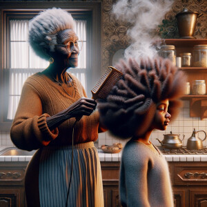 Create a realistic 3-D image of an african-American grandmother in the kitchen with her african-American granddaughter. The grandmother has a hot comb in her hair and she is straightening her granddaughters hair. One side of her granddaughters hair is in  a Afro the other is bone straight 
There is smoke coming from the hot comb