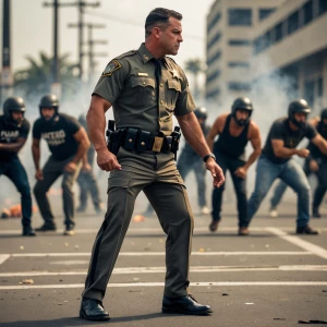 A solitary sheriff's deputy,in Los Angeles, poised and determin...
