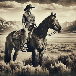 An antique western photo of a woman cowgirl on horseback