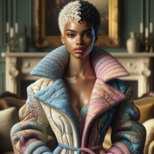 a full body veiw of a colorful gloss hyper realistic oil painting of a regal beautiful light skinned afro  American girlwith beautiful pixie cut one side of hair is black and the other side  of her hair white slick baby hair and furry white and pink and blue furry coat and outfit under the coat standing in living room with fireplace