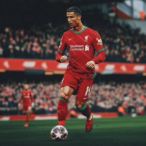 Cristiano Ronaldo wearing a Liverpool kit