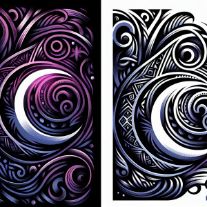 Black purple and blue Trival include a crescent moon as the foca...