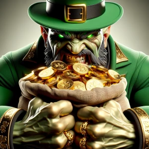 Create an image of a sinister-looking leprechaun with an extreme...