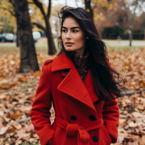 Photo of fair skinned brunette influencer wearing red winter coa...