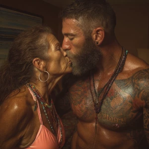 Hyperrealism ,a latin muscular beefy bearded tattoed sweaty ma...