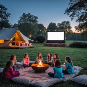 "A group of girls having a glamping sleepover birthday party outdoors in a picturesque field, featuring a cozy lounge area, a fire pit for warmth, and a large movie screen set up for an evening outdoor cinema experience."