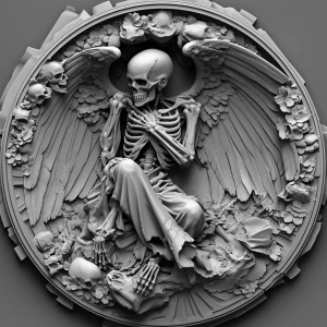 Design a high-contrast grayscale 3d bas relief of death, The composition should be circular like a coin emblem, designed for CNC routing with balanced lighting to accentuate fine details, sharp edges, and distinct textures. Employ deep shadows and strong highlights to define planes and surfaces clearly.