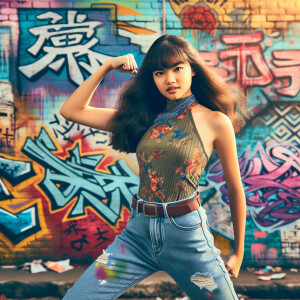 Athletic Thin skinny Attractive, Asian teenage girl, long brown hair and bangs, wearing tight skinny jeans and a halter top paint marks on her clothing, heroic pose Asian graffiti background