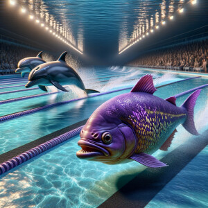 Swimming race
Swimming pool
Purple piranha in the lead
Dolphin b...