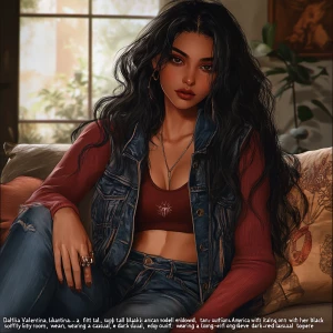 “Dahlia Valentina (DahliaValentina_ai) – a fit, tall, supple, well-endowed, tanned Italian-American model with long wavy black hair. Depict her sitting on a cozy couch in a softly lit room, wearing a casual, edgy outfit: a dark red long-sleeve top layered under a denim vest. Her expression is thoughtful and slightly mysterious. She’s holding an ancient-looking, weathered box with strange symbols etched on it, suggesting a hidden secret or relic. The atmosphere is tense yet intimate, with natural daylight streaming through the windows, casting soft shadows.”