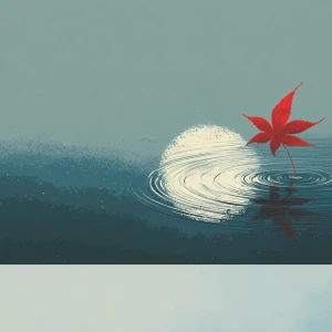 A minimalist zen scene with a single red Japanese maple leaf flo...
