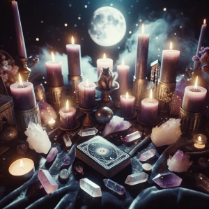 A mystical new moon ritual scene with candles, crystals, a tarot...