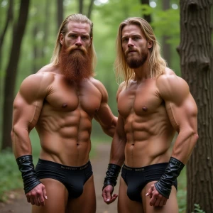 Two Bodybuilders with long strawberry blonde hair, side part, sp...