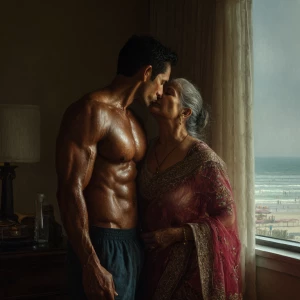 Create a hyperrealism painting of a muscular, sweaty Indian man...