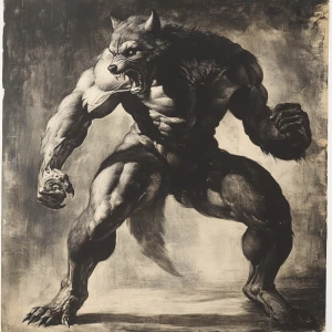 A muscular lycanthrope (werewolf) in a dynamic pose, prominently...