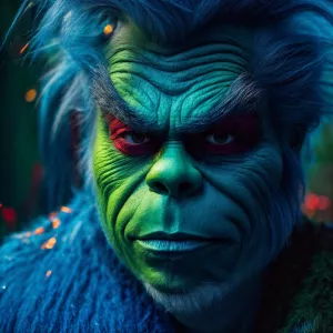 A close-up photo of The Grinch's face, rendered in a surrealisti...