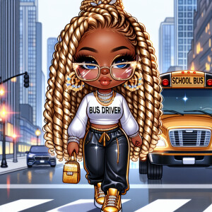 Illustrate a chic, Chibi-style school bus driver, a melanin woma...