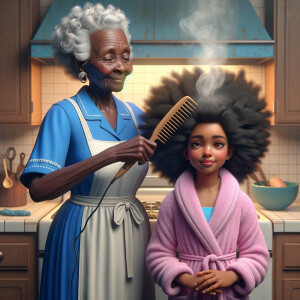 Create a realistic 3-D image of an african-American grandmother wearing a blue house dress and a white apron . She is in the kitchen with her african-American granddaughter. Her granddaughter is wearing a pink bath robe. The grandmother has a hot comb in her hand and she is straightening her granddaughters hair. One side of her granddaughters hair is in  a Afro the other straight 
There is smoke coming from the hot comb
The granddaughter is making a face