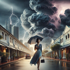 An American lady walking doen the sidewalk of a town, carrying a...