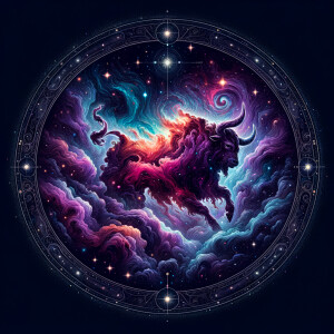 A pretty celestial illustration with outer space and a bull shap...