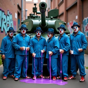 "In an urban setting with a gritty edge, a group of clowns with...