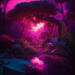 Create an ultra-realistic image of a psychedelic jungle scene, i...